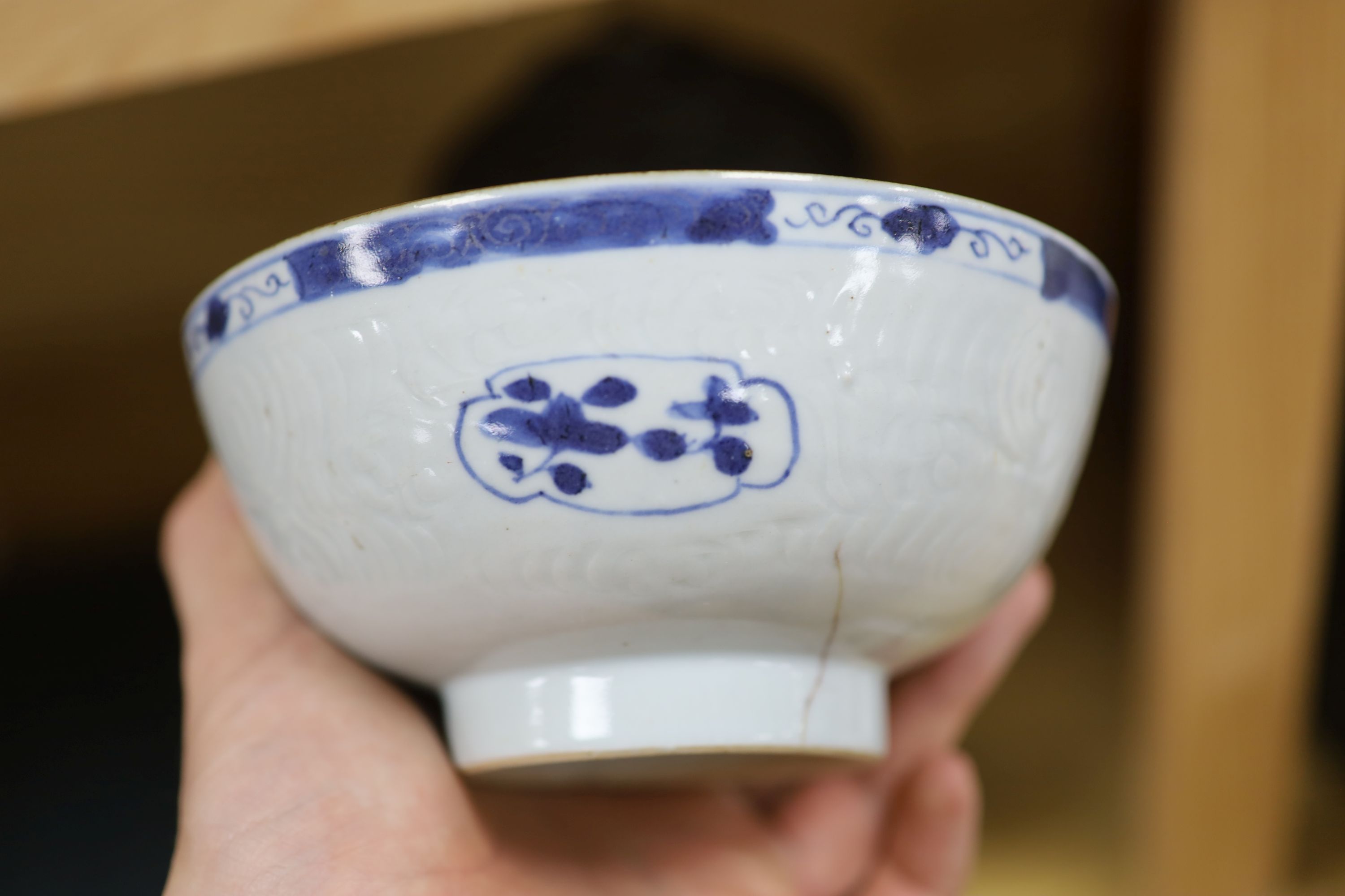 A Chinese blue and white bowl, diameter 15cm, a tea bowl and saucer, a crackleglaze shell dish and a celadon glazed stem cup